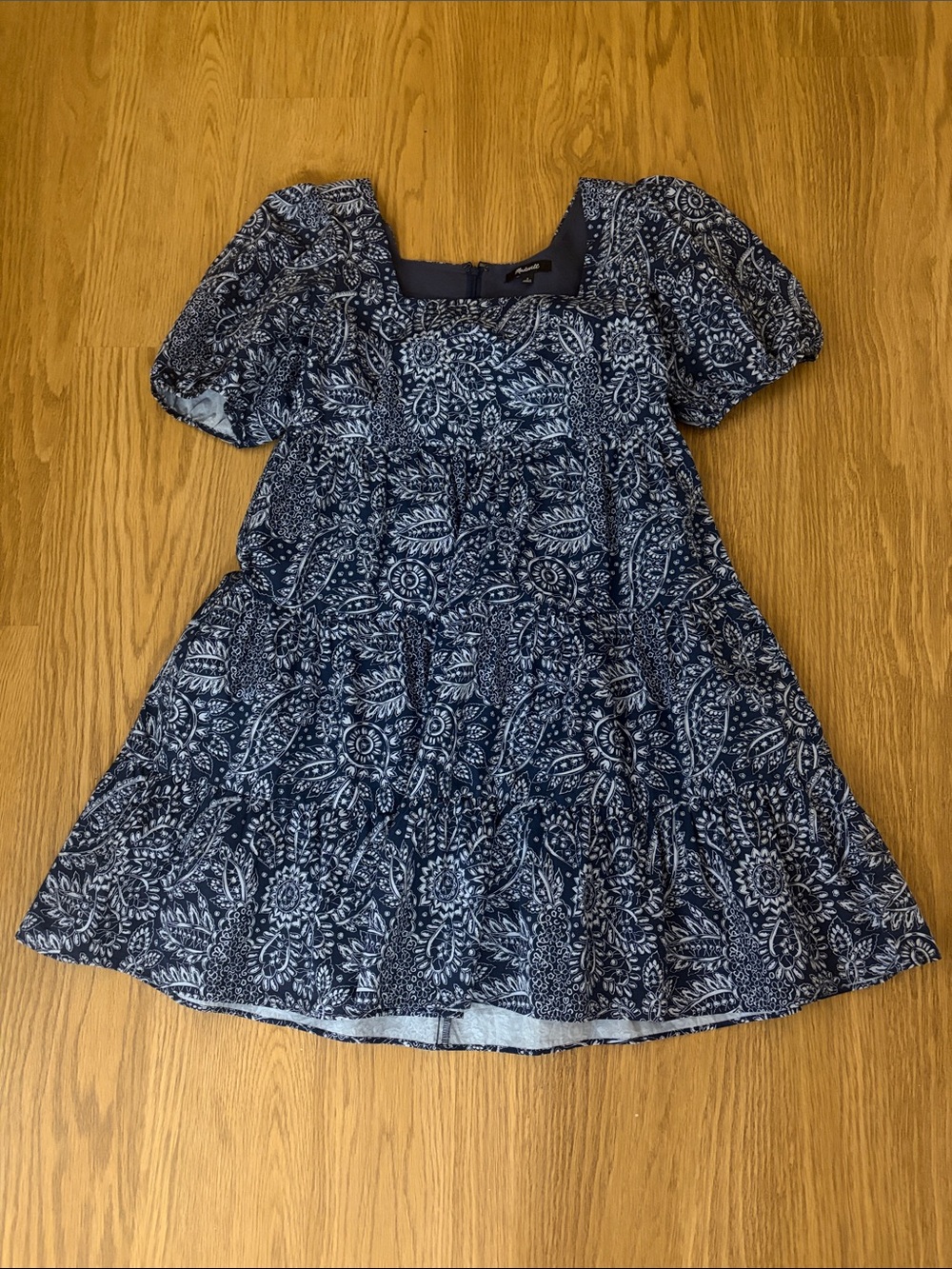 Madewell Blue Paisley Puff Sleeve Tiered Babydoll Dress